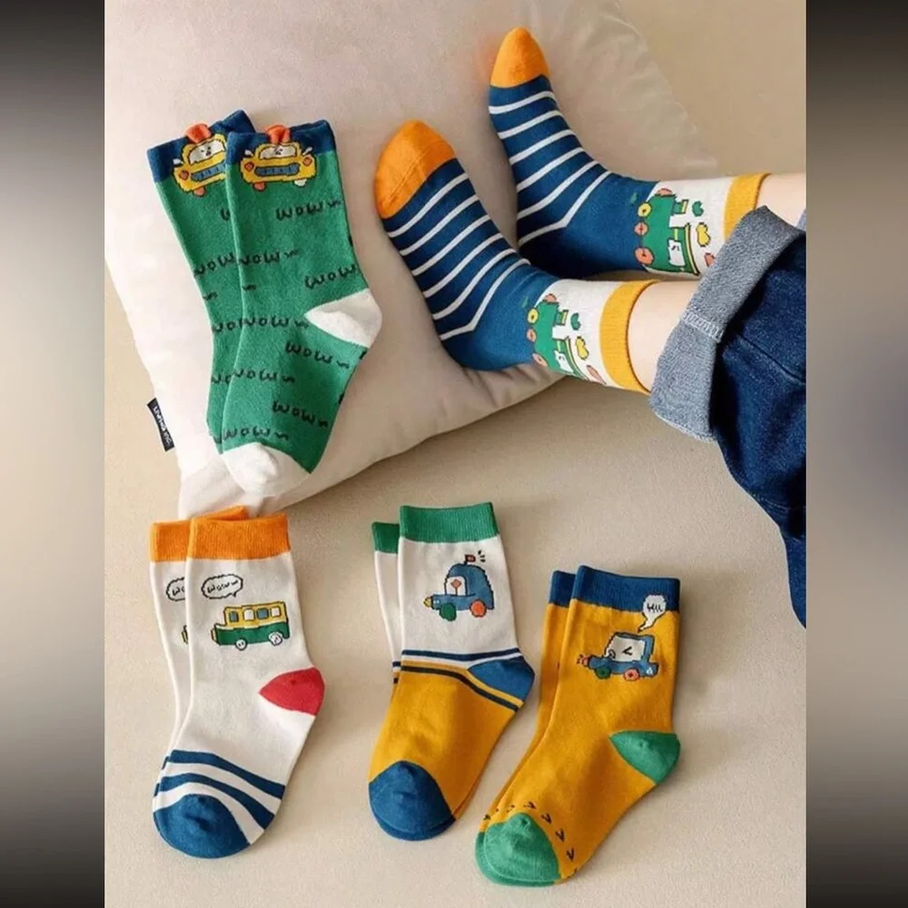 Colorful Cartoon Vehicle Kids Socks - (5 pack)